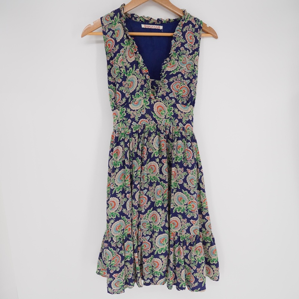 Banjaran Floral Silk Dress Womens XS Blue Knee Length Ruffle Full Skirt Tie Back - Picture 2 of 14
